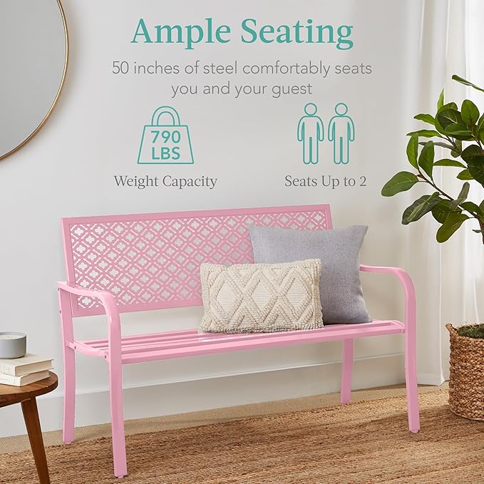 Best Choice Products Outdoor Bench 2-Person Metal Steel Benches Furniture for Garden, Patio, Porch, Entryway w/Geometric Backrest, 790lb Capacity - Pink BestChoiceProducts