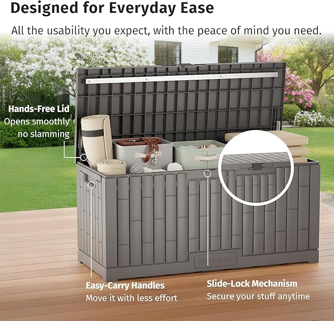 EAST OAK 120 Gallon Outdoor Storage Box | Large Resin Deck Box with Reinforced Stainless Steel Support | Waterproof & UV-Resistant Patio Storage Box for Cushions, Garden Tools & Pool Accessories, Grey EASTOAK