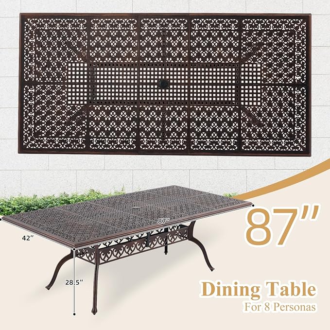 87" Cast Aluminum Outdoor Dining Table – Rectangular Red Copper Patio Table with Strawberry & Leaf Design, 2" Umbrella Hole, Weather-Resistant for Garden, Backyard, and Lawn Attliahome