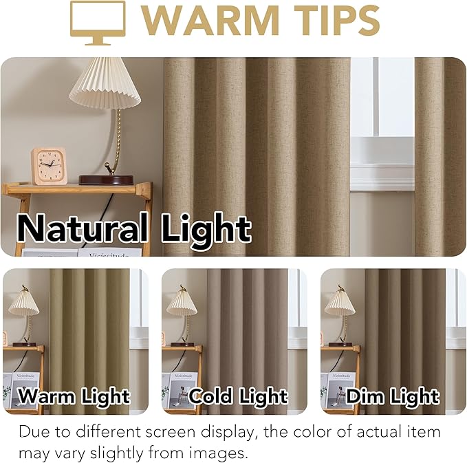 H.VERSAILTEX Linen Curtains 100% Blackout Curtains for Bedroom 84 inch Long Full Light Blocking Nature Linen Blended Window Curtains for Living Room Nickel Grommet (2 Panels, Heathered Macchiato) HVERSAILTEX