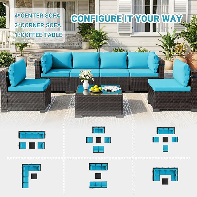 LEVELEVE 7 Pieces Outdoor Patio Furniture Sets,Rattan Conversation Sectional Set,Manual Weaving Wicker Patio Sofa with Tea Table Enjoyyourlife