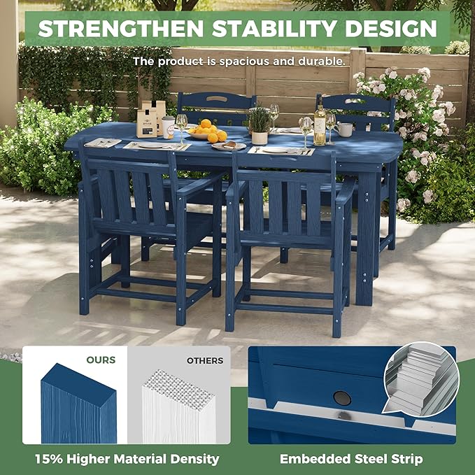 HDPE Outdoor Patio Dining Set with Table & 4 Chairs, All-Weather 5-Piece Outdoor Table and Chairs, 2" Umbrella Hole, Patio Furniture for Garden, Backyard, Deck | Navy Blue Suunyn