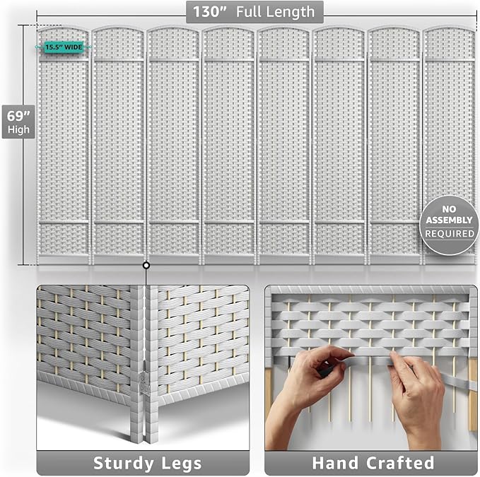 Sorbus 8 Panel Room Divider 6 ft. Tall - Privacy Screen, Extra Wide Double Hinged Panels, Mesh Hand-Woven Design, Partition Room Dividers and Folding Privacy Screens, Wall Divider for Room Separation Sorbus