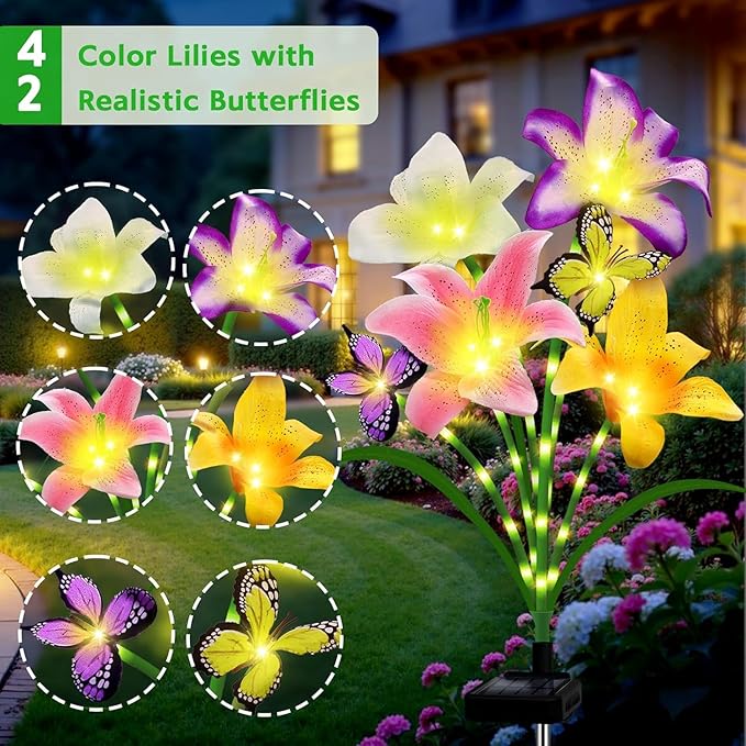 6 Pack Solar Garden Lights LED Solar Lilies Flower Lights, Yard Patio Pathway Decoration High Flexibility Copper Wire Handmade Silk Artificial Flowers Never Wither, Gift for Family, Friends yulloyello