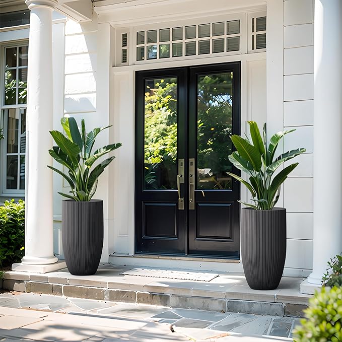 Kante 24 Inch Tall Round Concrete Planter, Large Indoor Outdoor Plant Pots with Drainage Hole and Rubber Plug, Modern Decorative Garden Pots for Home Patio Porch, Textured Black Kante