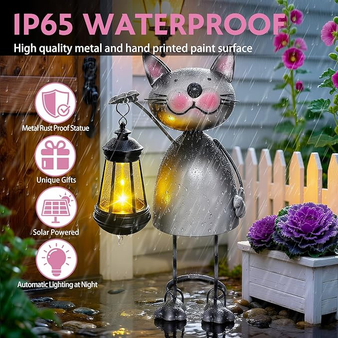 Garden Decor Cat Solar Statues,Unique Garden Statues Cat with Solar Lantern Waterproof, Birthday Gifts for Women Mom Grandma, Front Patio Balcony Yard Art Lawn Ornaments Porch Outdoor Decoration yulloyello
