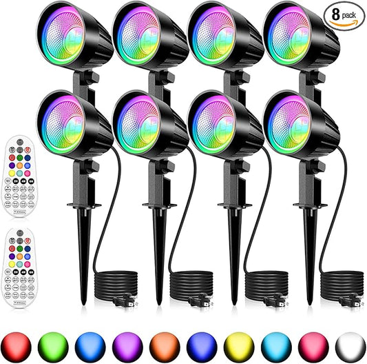 MEIKEE 15W RGB Landscape Spot Lights Outdoor, RGBW Color Changing Landscape Lighting with Remote Control, IP66 Pathway Lights for Christmas Halloween Party Festival Decoration (8 Pack) MEIKEE