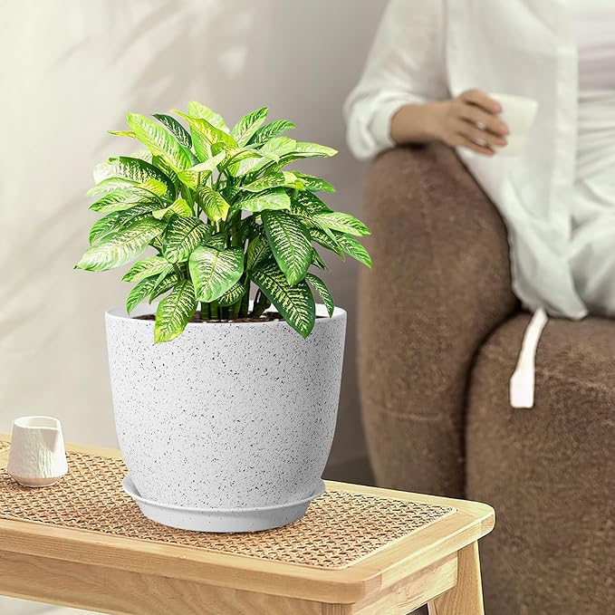10/9/8 inch Medium Plant Pots, Set of 3 Modern Decorative Plastic Planters with Drainage Holes and Saucers for Garden House Plants, Flower Pots for Indoor Outdoor Plants, Speckled White WSMKSZ