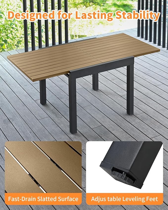 5 Pieces Expandable Patio Dining Set, Never-Rust Aluminum Outdoor Dining Table Set, 32"-65" Extendable Dining Table and Stackable Textilene Dining Chairs for Garden, Deck, Indoor, Teak SeeHill