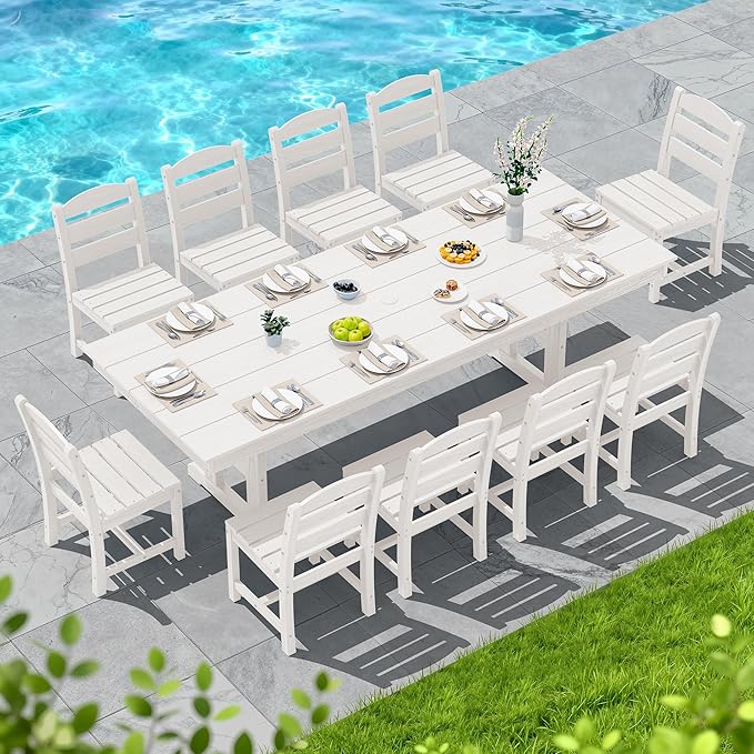 SERWALL Outdoor Dining Chairs Set of 4, All-Weather HDPE Patio Chair with 19.7" Widened Seat, for Backyard, Garden, White SERWALL