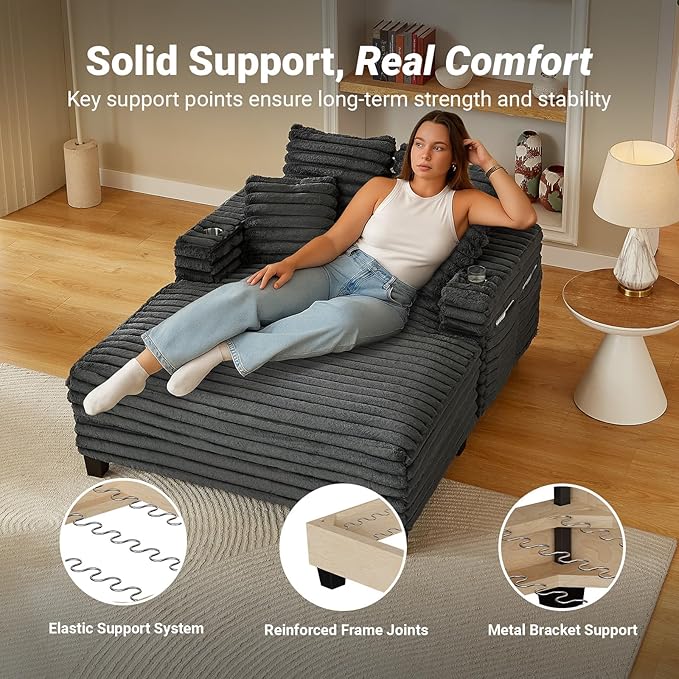 64" Chaise Lounge Chair Indoor, Oversized Sleeper Chair with Wood Frame, Upholstered Sofa Bed for Living Room, Movie Room, Bedroom with 4 Storage Pockets&2 Cup Holders(Plush Corduroy, Grey) Amsleekey