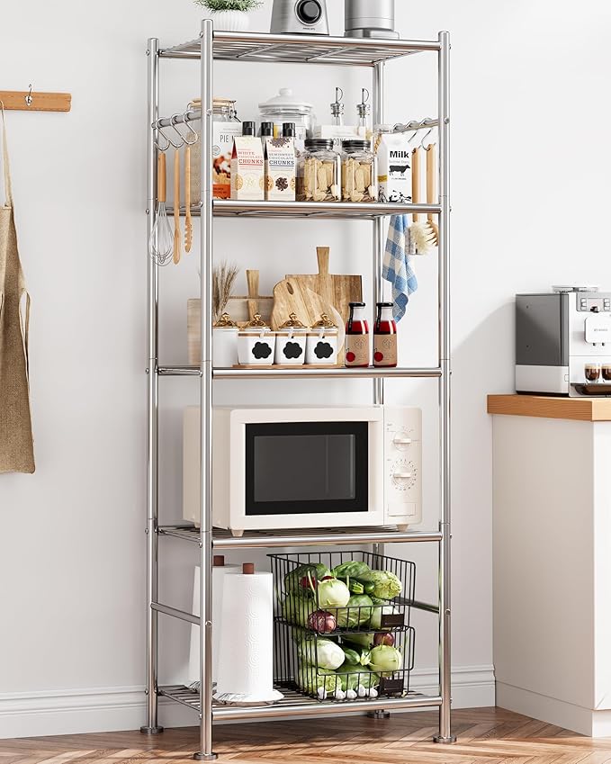 Storage Shelves - 5-Tier Large Capacity Shelf Organizer with Hooks, Heavy-Duty Garage Shelving with Leveling Feet, Wobble-Free Rack for Bedroom, Balcony, Garage, 18.1"×12.4"×56.8", Silver Sakugi