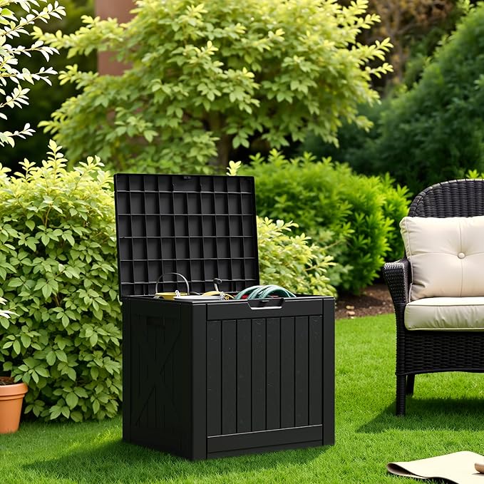 Flamaker Resin Deck Box 40 Gallon Waterproof Outdoor Indoor Storage Box Imitation Wood Resin for Patio Furniture Garden Tools and Pool (Black) Flamaker