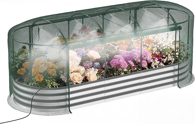 Raised Garden Bed with Self-Watering System, 8x3x1 ft Elevated Planter Boxes Outdoor with Mesh Cover, Oval Galvanized Raised Beds for Gardening,Vegetables,Flowers, Backyard, Patio Lineware