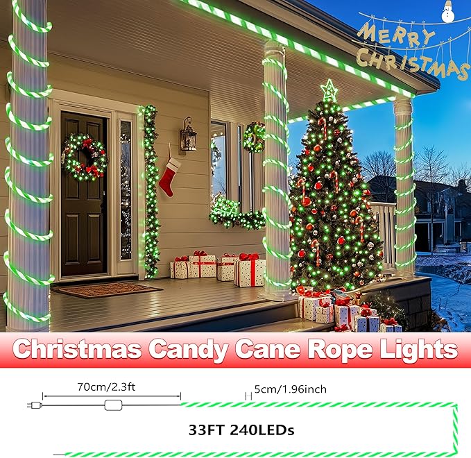 Jnaurb Christmas Candy Cane Lights, 33ft 240 LED Connectable Flexible White & Green Candy Cane Rope Lights for Outside, 8 Modes Waterproof LED Christmas Light for Garden Patio Tree Holiday Party Decor Jnaurb