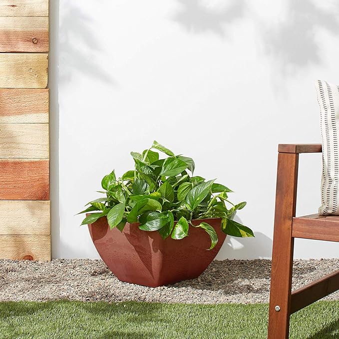 PSW Pot Collection 12x6 inch Plastic/Stone/Wood Composite Square Planter – No Drainage Hole (Drillable), Modern Indoor/Outer Pot for Flowers, Foliage, Succulents, Fairy Gardens Terra Cotta Color PSW