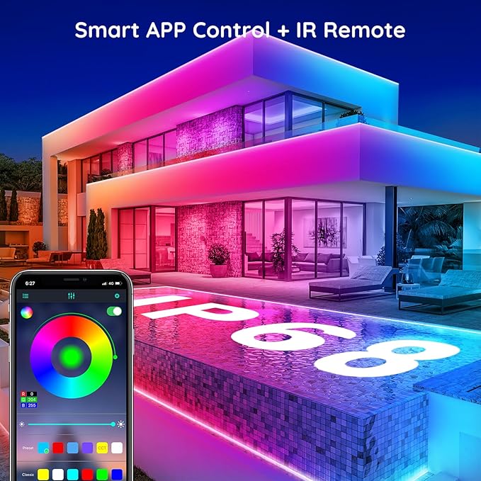 FBZ 100Ft Outdoor Waterproof LED Strip Lights,Music Sync RGB IP65 Led Lights with App Control and Remote,Color Changing Waterproof Led Rope Lights for Outdoor,Balcony,Roof,Garden,Stairs Party Rootora