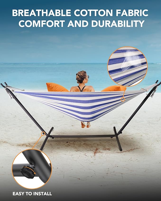 Double Hammock with Heavy-Duty Steel Stand,Portable,Easy Assembly,600lbs Weight Capacity,Perfect for Indoor,Yard,Camping,or Outdoor-BlueWhite Rootora