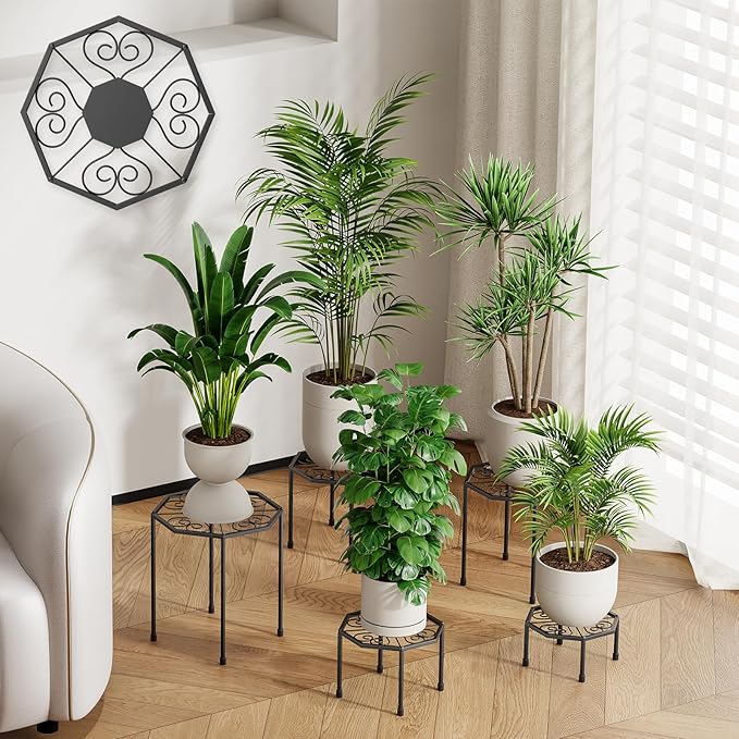 5-Pack Metal Plant Stands for Outdoor Indoor, Anti-Rust Iron Flower Pot Stand, Heavy Duty Plant Pot Shelf for Multiple Plant, Decoration Racks for Home, Patio & Garden (Black) NBPUJ