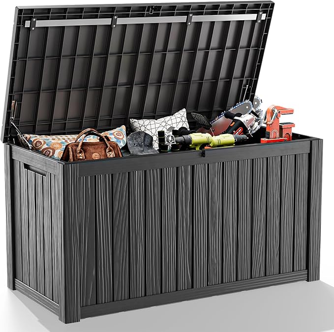 180 Gallon Resin Outdoor Deck Box Waterproof Patio Furniture, Garden Tools, Cushions, Pool Accessories Outside Storage (Black, 180 Gallon) MAIUSCOLI