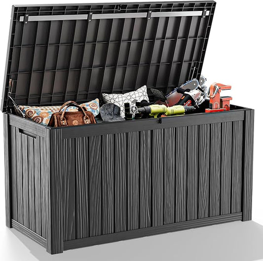 180 Gallon Resin Deck Box, Lockable Weatherproof Outdoor Storage Box for Furniture, Garden Tools and Tools Storage, Waterproof Outside Storage Boxes - Black OutdoorLivingPerfected