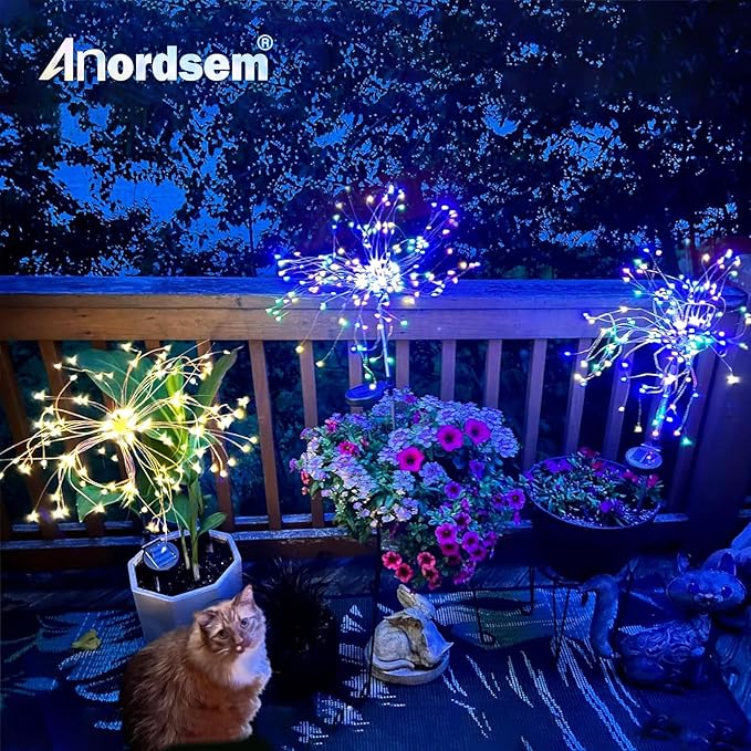 Anordsem Solar Lights Outdoor Decorative: Bendable Copper Wire with 120 LED Firework Beads - Waterproof 2 Colorful Lighting Modes Yard Garden Patio - Christmas Gifts for Homeowner Over 30 Anordsem