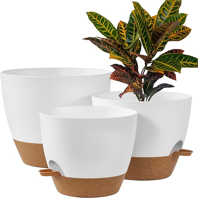 FaithLand 3-Pack Large Planter Pots, 12 10 9 Inch Self Watering Flower Pots for Indoor Outdoor Garden Plants, White with Brown FaithLand