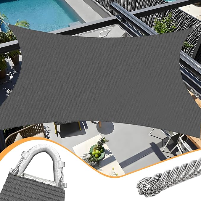 20' x 20' Dark Grey Rectangle Sun Shade Sail Outdoor Canopy Awning UPF50+, 95% UV Blockage, Sunshade with High-Strength Steel Cable Edges for Outdoor Patio Garden Backyard OOTONAT