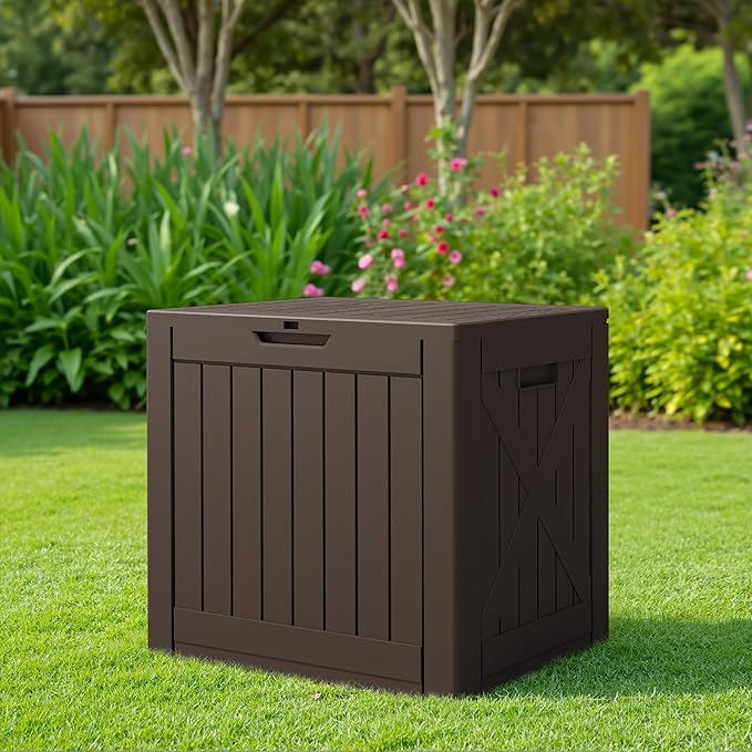 JUMMICO 42 Gallon Deck Box Waterproof, Resin Outdoor Storage Box with Side Handles, Outdoor Storage Benches Lockable for Patio Cushions and Garden Tools (Brown) JUMMICO