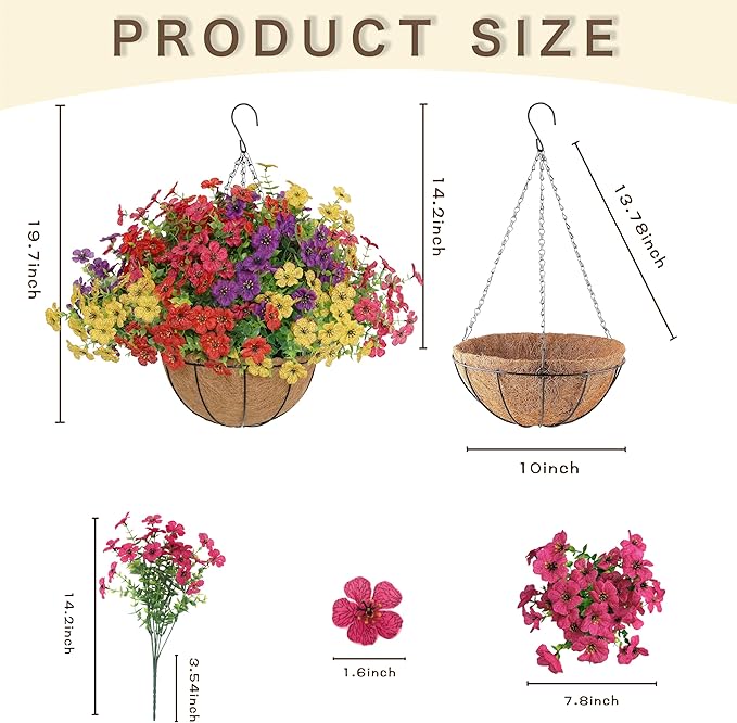 Senjie 12 Bundles Artificial Hanging Flowers with Basket for Outdoor Decor, UV Resistant Faux Flowers Fake Hanging Planter for Porch Patio Balcony Senjie