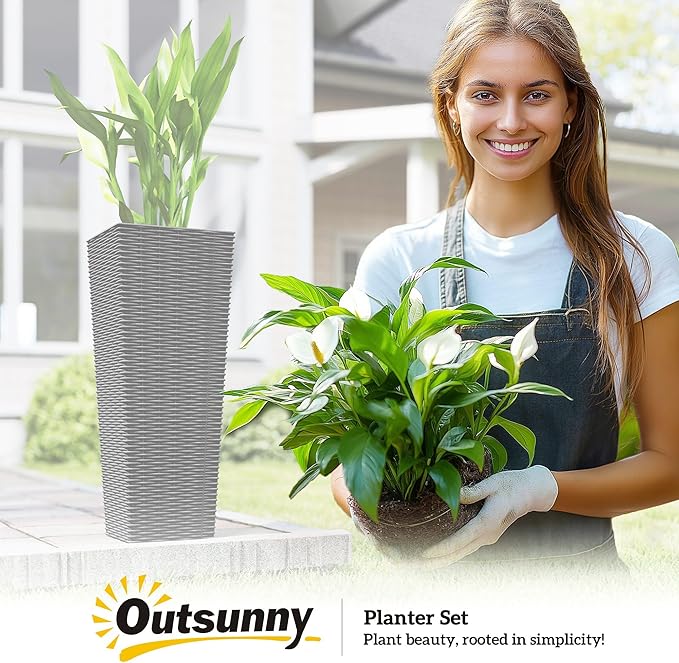 Outsunny 32 Inch Tall Planters for Outdoor Plants, Set of 2 Plastic Rattan-Like Flower Pots with Drainage Holes, Stackable Tapered Planters for Indoor Plants, Front Porch, Black Outsunny