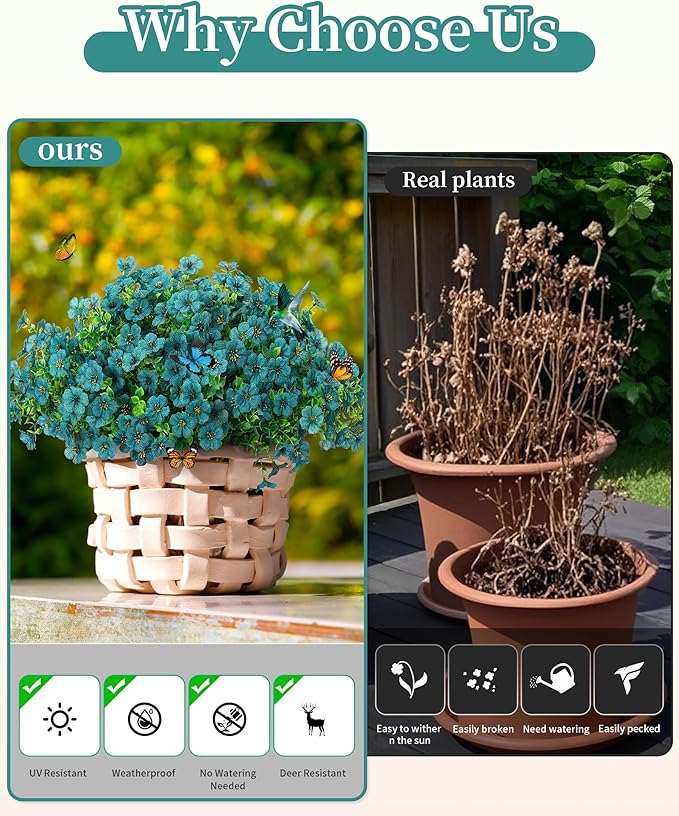 JAKY-Global Faux Artificial Plants Outdoor Flowers Spring Summer Decoration 16 Bundles Fake Eucalyptus Silk Daisy UV Resistant Realistic for Outside Pot,Front Porch,Planters,Patio,Yard Decor JAKY-Global
