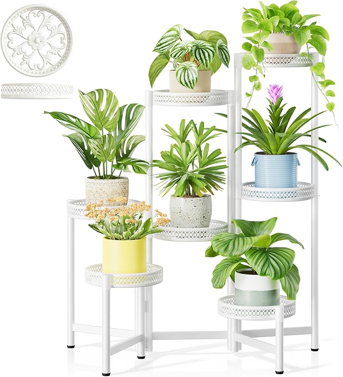 7 Tier Plant Stand Indoor Outdoor, Corner Tiered Plant Stands, Planter Display Rack for Multiple Plants, Wrought Iron Flower Stand, Folding Tall Plant Rack Shelf for House Patio Garden - WhiteWave Rootora