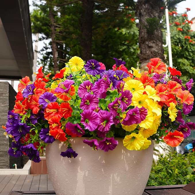 Artificial Flowers for Outdoors, UV Resistant Fake Silk Morning Glory, Realistic Faux Plants for Outside Porch Patio Window Box Hanging Planter (16, Purple Fuchsia Yellow Orange) maxkes