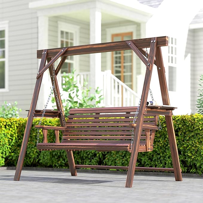 Outsunny 3 Seat Porch Swing with Stand, Wooden Patio Swing Chair with Side Tables and Metal Chains, Outdoor Swing Bench for Garden, Poolside, Backyard, Carbonized Brown Outsunny