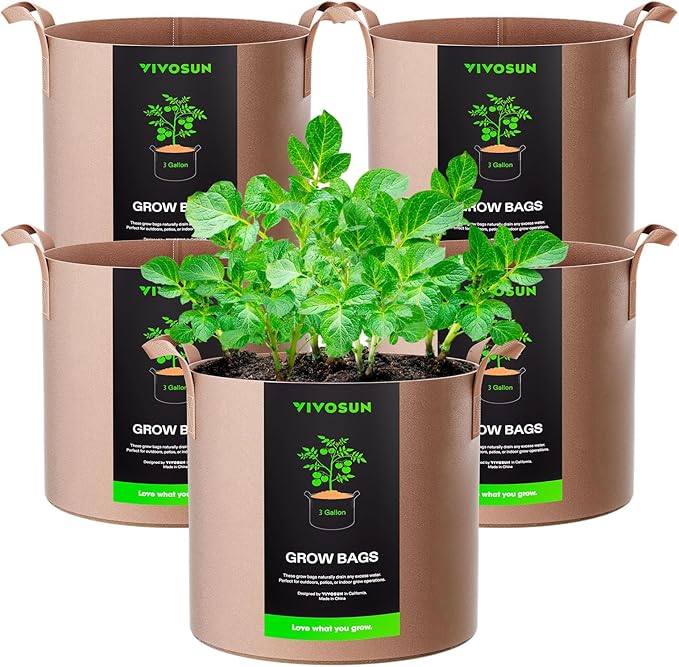 VIVOSUN 5-Pack 3 Gallons Grow Bags Heavy Duty Thickened Nonwoven Fabric Pots with Strap Handles Tan VIVOSUN