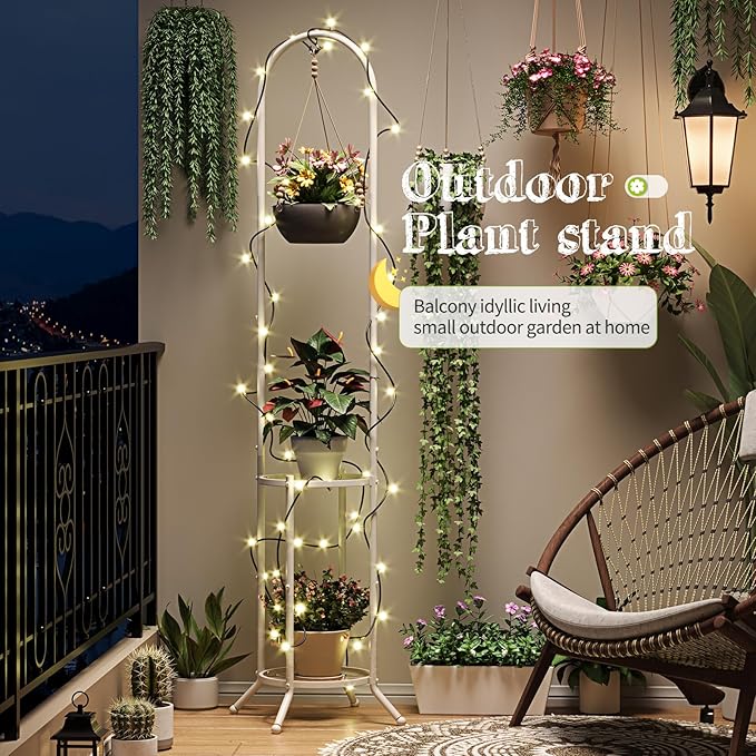 BMOSU Plant Stand with Hooks Indoor Outdoor Corner Tall Plant Stand Heavy-Duty Metal 3-Tier Plant Shelf Holder Rack for Patio Garden Balcony Living Room Bedroom(circular White) BMOSU