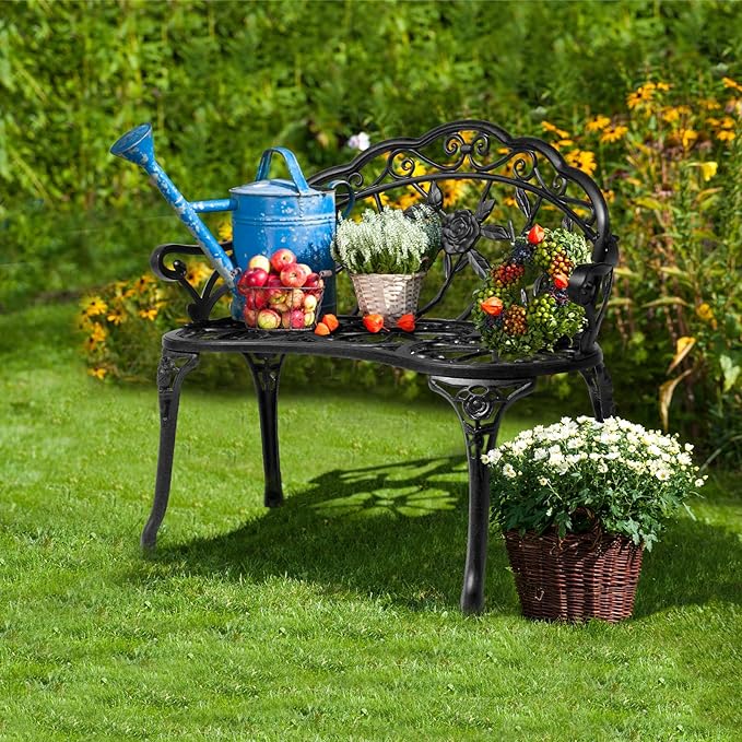 VINGLI 38.5" Patio Park Garden Outdoor Metal Rose Bench, 2-Person Cast Iron Cast Aluminium Frame Antique Finish Chair,Accented Lawn Front Porch Path Yard Decor Deck Furniture (Black, Rose) VINGLI