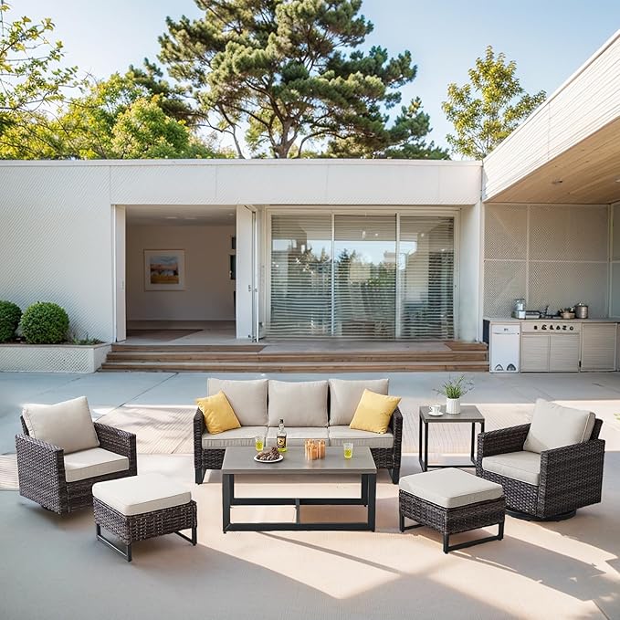 Belord 7 Piece Outdoor Furniture Patio Wicker Sofa Set, Oversize Outdoor Swivel Rocker Chairs with Rattan Ottomans, Conversation Sets Patio Furniture Come with Removable Washable Cushion Beige, Brown Belord