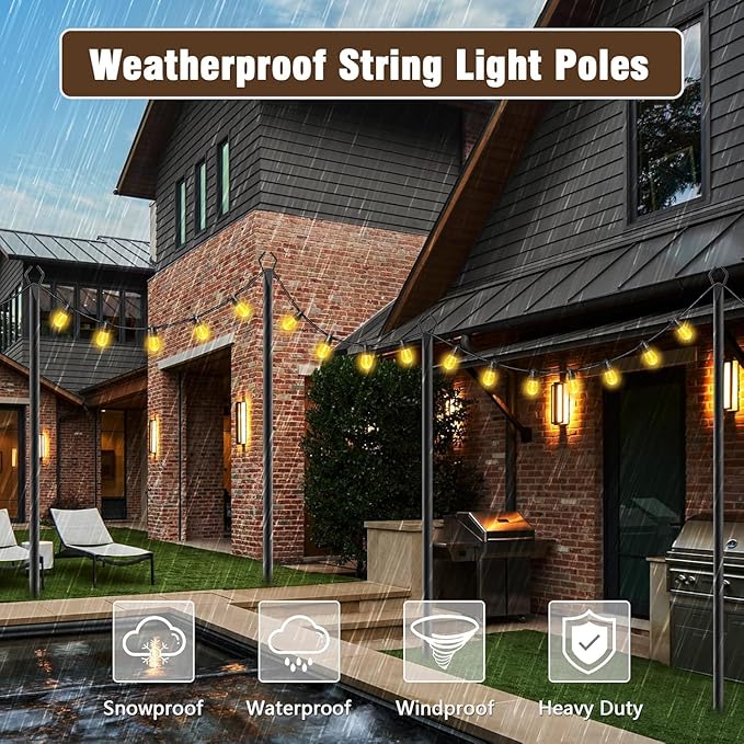 10Ft String Light Poles 6 Pack,Light Poles for Outside Lights,Outdoor with Fence Brackets Hanging Lights,Metal Stand Deck Patio Backyard AILBTON
