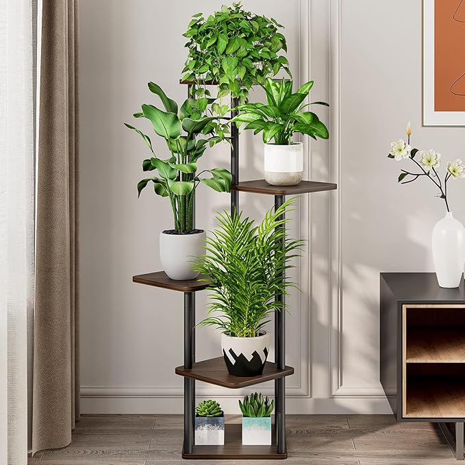 5 Tier Wood Tall Plant Stand Metal Rack Indoor, Multiple Flower Pot Holder Shelves Corner Rack, Planter Shelf Display Rack Storage Organizer for Patio Living Room Balcony Garden(Black Oak) YOCOMEY