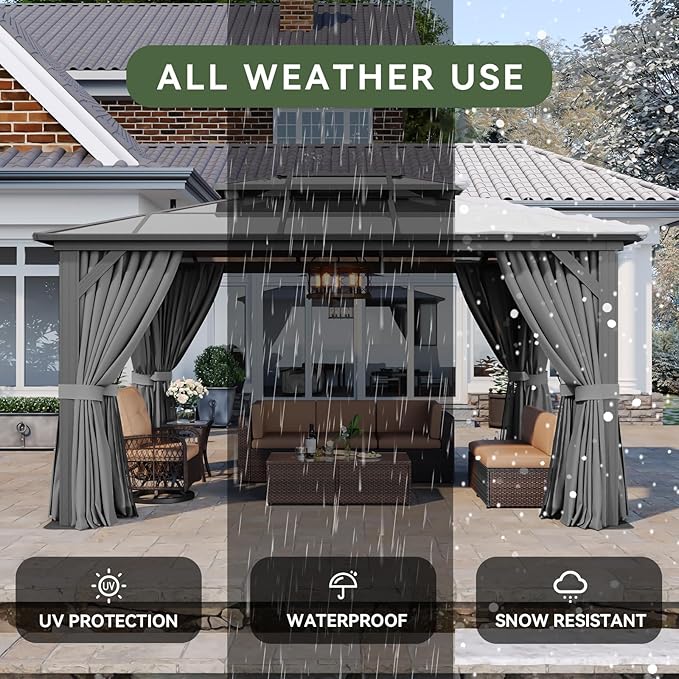 Aoxun 10'x14' Hardtop Gazebo, Aluminum Frame Permanent Pavilion with Curtains and Netting, Outdoor Polycarbonate Double Roof Canopy, Gray Aoxun