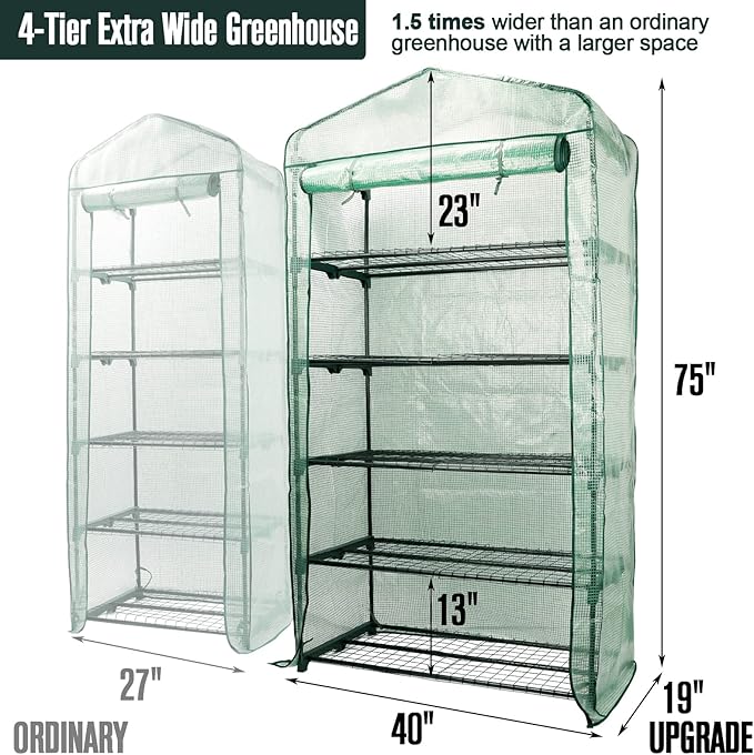 Worth Garden 50% Extra Wide Mini Greenhouse 5 Tier Portable Plant Green House 40in Wide -Sturdy Gardening Shelves with PE Cover & Roll-Up Zipper Door - Indoor & Outdoor Use - 19″W. x 40″L. x75″H. WORTH
