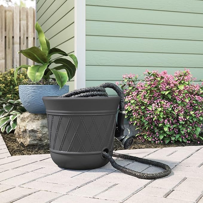 Suncast Lattice Hose Pot for Outdoor Garden Storage, Peppercorn - Holds 300 ft Expandable or 50 ft Standard 5/8" Vinyl Hoses, Resin Hideaway Organizer with Drainage and Water Supply Port Suncast