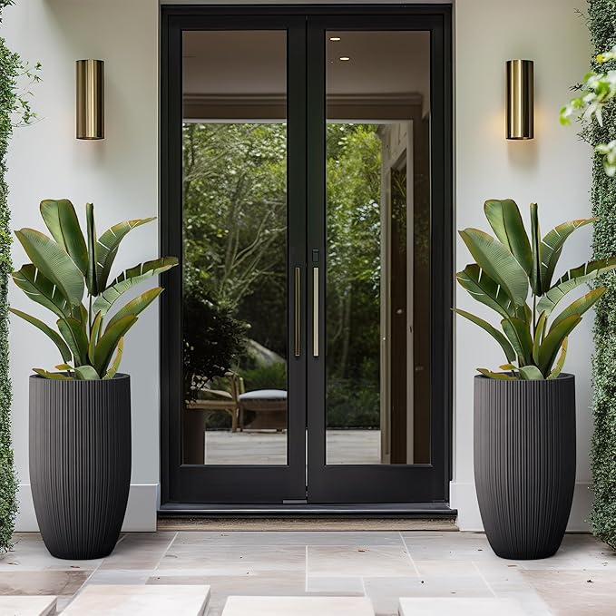 Kante 24 Inch Tall Round Concrete Planter, Large Indoor Outdoor Plant Pots with Drainage Hole and Rubber Plug, Modern Decorative Garden Pots for Home Patio Porch, Textured Black Kante