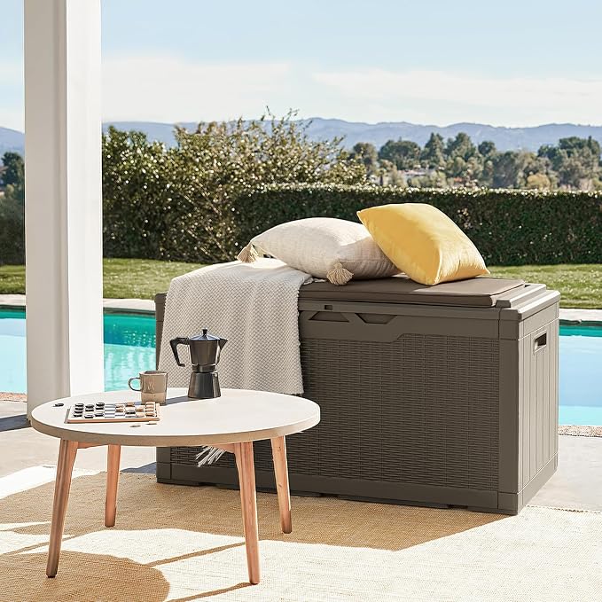 Flamaker Deck Box with Cushion 100 Gallon Waterproof Resin Storage Box with Air Rod Indoor Outdoor Lockable Storage Bench for Patio Furniture, Tools, Pool Accessories (Brown) Flamaker