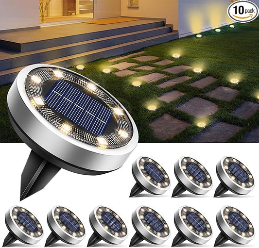 btfarm 10 Pack Solar Ground Lights Outdoor, 8 LED Solar Disc Lights IP65 Waterproof Flat Solar Light, Pathway Lights Solar Powered for Garden Lawn Patio Yard Path Landscape, Warm White btfarmdecorativelighting