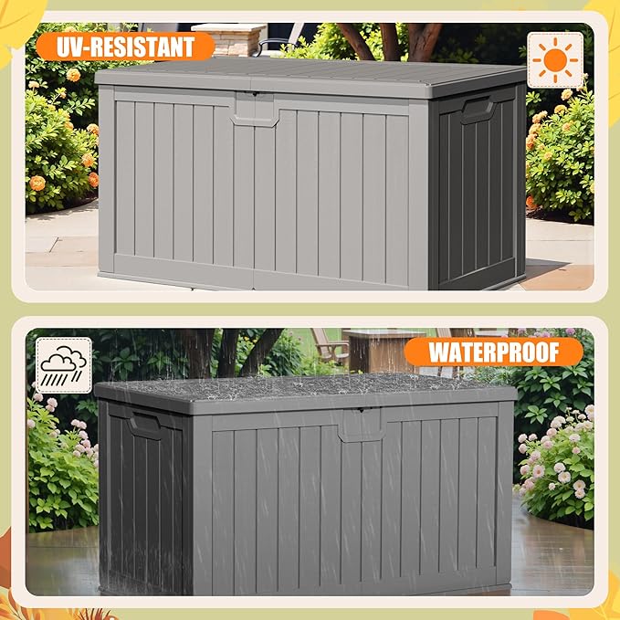 Devoko 240 Gallon Double-Wall Deck Box with Divider, Side Handles, Resin Outdoor Large Storage Box Waterproof and Lockable for Patio Furniture, Garden, Pool (Grey) DEVOKO