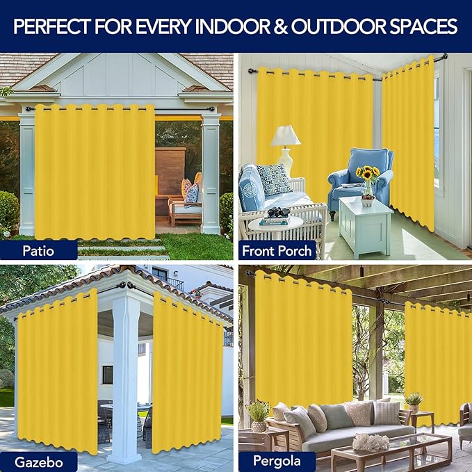 PureFit Outdoor Curtains for Patio Waterproof Weatherproof, UV Resistant Outside Curtains for Gazebo, Front Porch, Pergola, Sun Blocking Privacy Curtain, 120W x 95L inch, 1 Panel, Yellow PureFit
