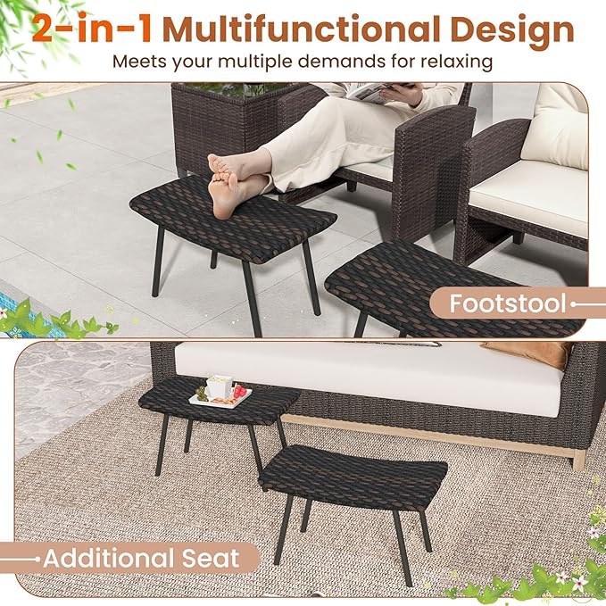 Tangkula Set of 2 Patio Ottomans, Multipurpose Rattan Ottomans w/Padded Quick Dry Foam & Heavy-Duty Metal Legs, Outdoor Wicker Footrest Extra Seating for Poolside, Backyard All Weather Resistant TANGKULA